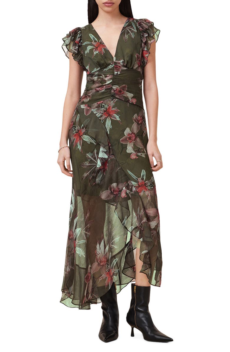 AllSaints Brea Orchid Print Asymmetric Dress, Main, color, Adena Khaki Green