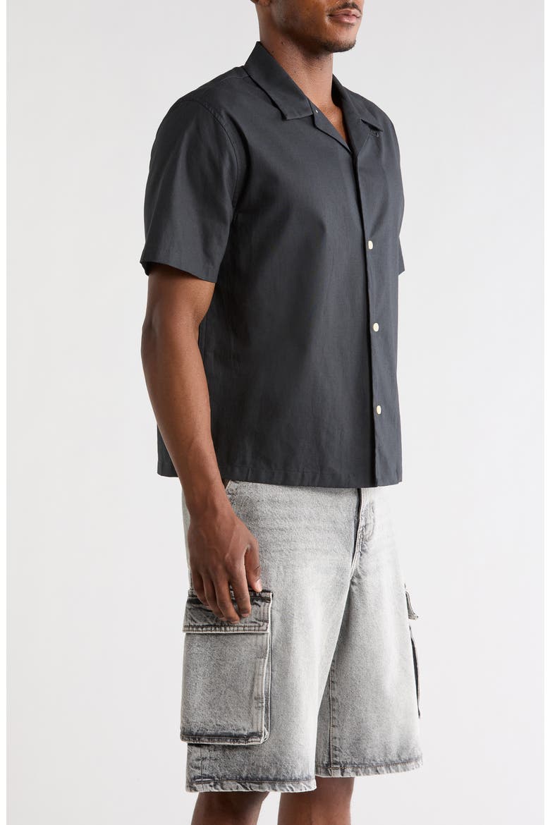 Elai Solid Cotton & Linen Camp Shirt, Alternate, color, BLACK