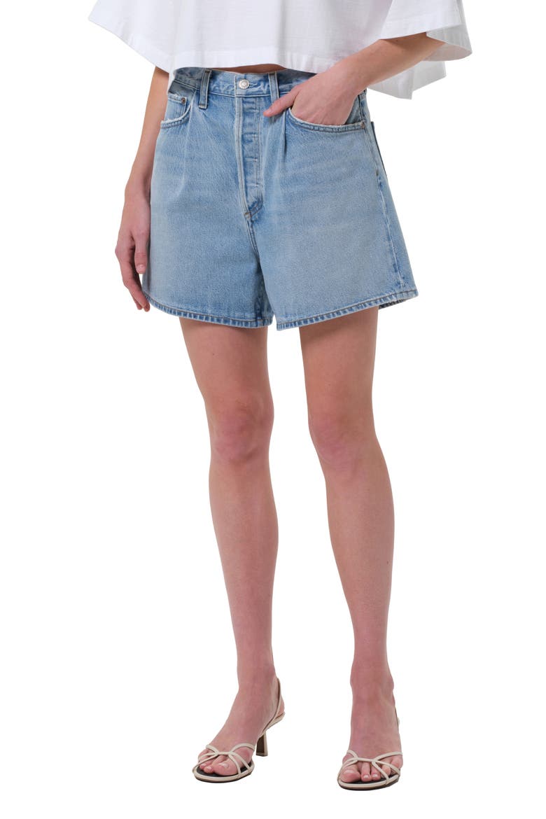 Rhoda Pleated High Waist A-Line Denim Shorts, Main, color, RAFT
