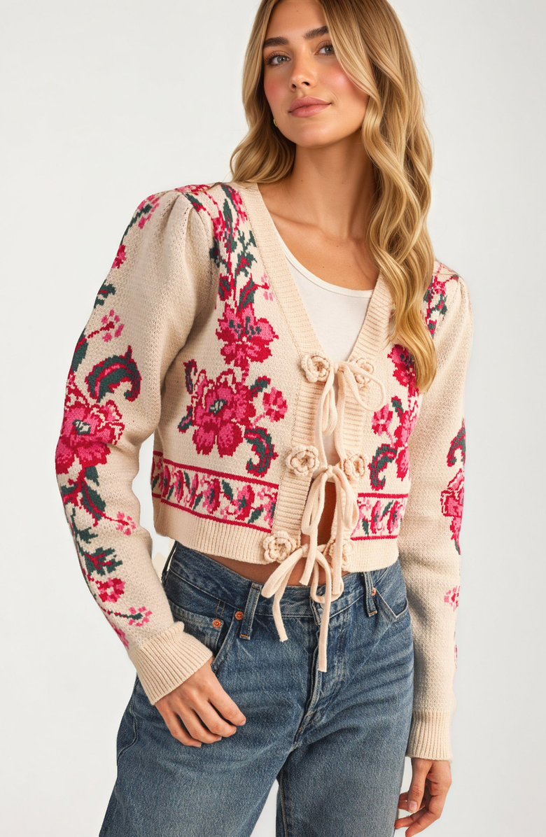 Knit and Lounge Floral Tie-Front Cropped Cardigan, Alternate, color, Beige / Pink Floral