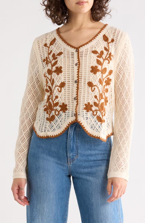 Floral Embroidered Open Stitch Cardigan