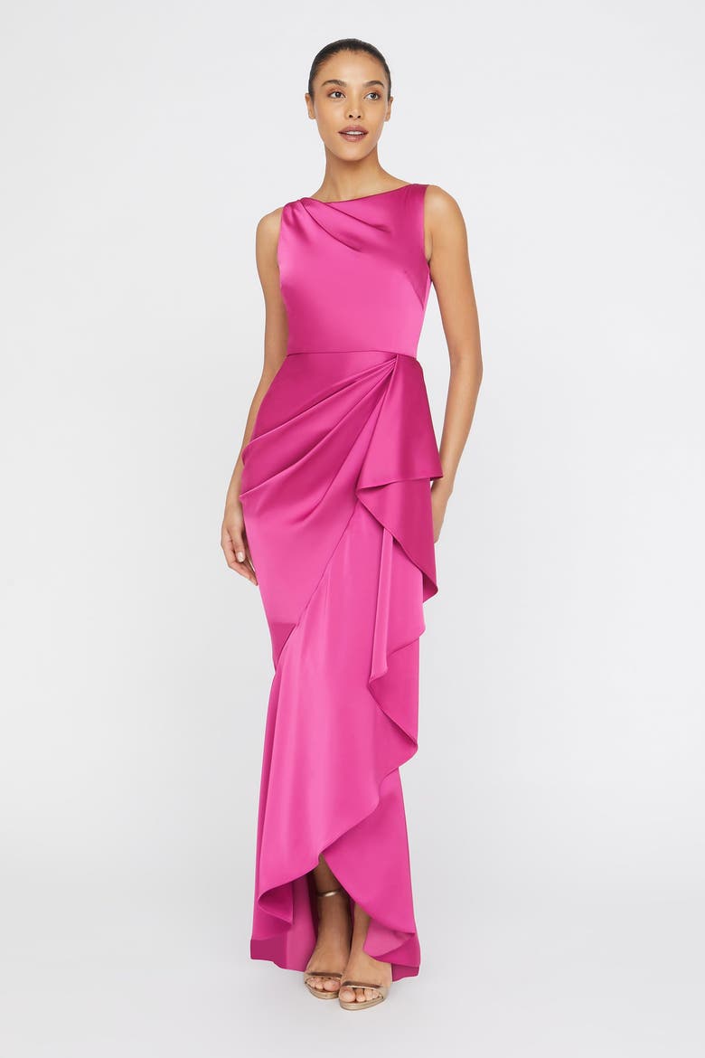 Harper Draped Wrap Bateau Neck Satin Faux Wrap Gown, Alternate, color, Shadow Rose