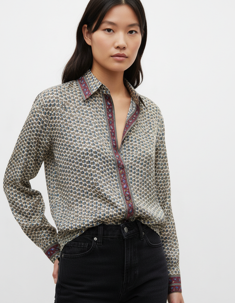 Embossed Botanical Long Sleeve Crepe Shirt