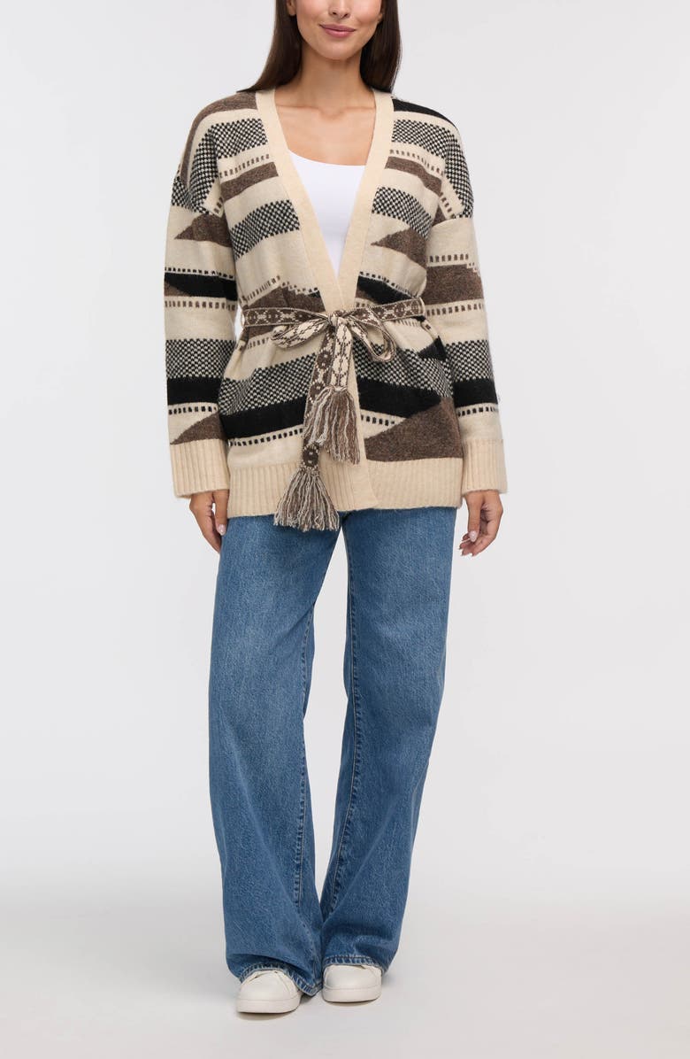 NVLT Stripe Tie Waist Jacquard Cardigan, Alternate, color, Brown Mix Aztec