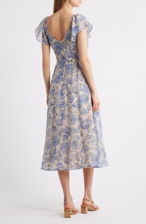 Lulus April Floral Chiffon Fit & Flare Midi Dress In Blue