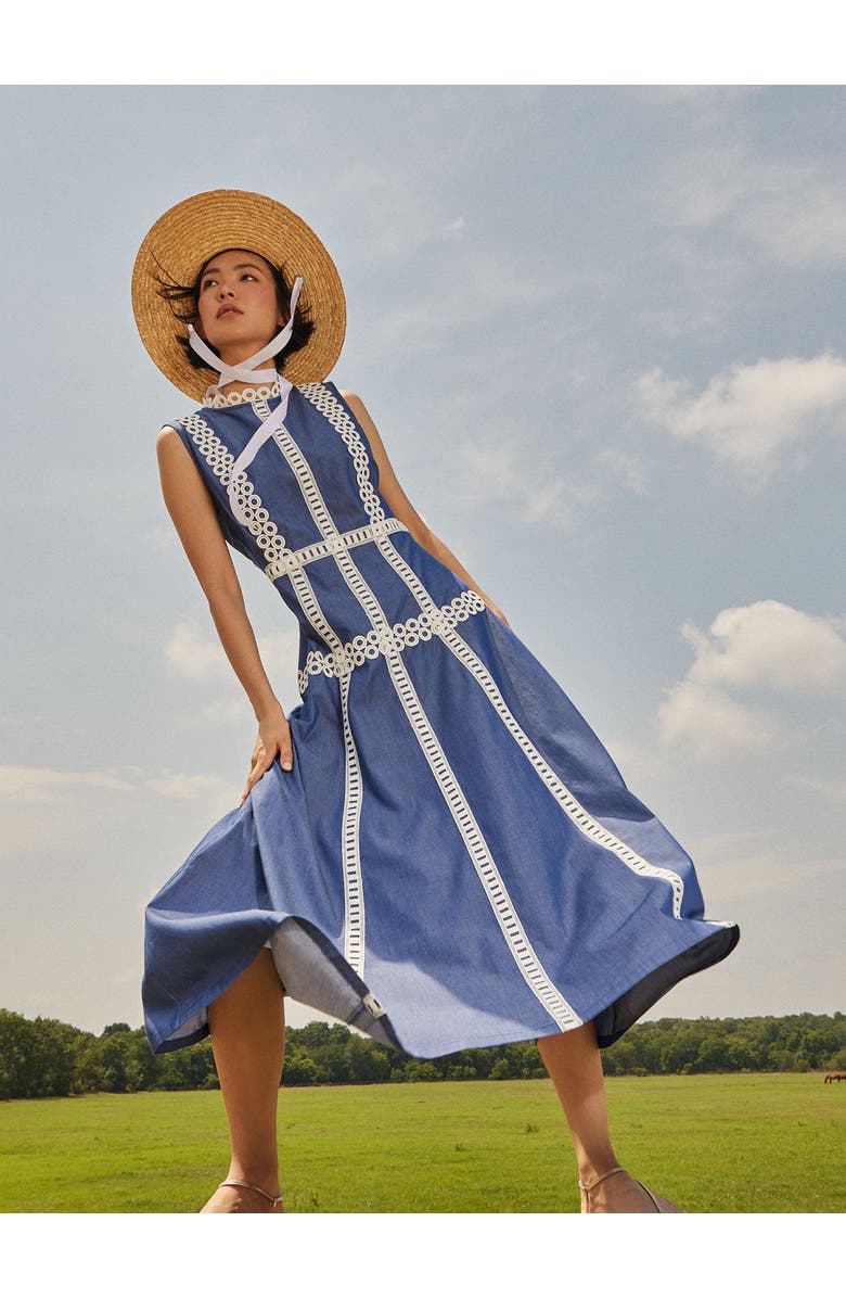 Misook Fit & Flare Cotton Eyelet Trim Maxi Dress, Alternate, color, 