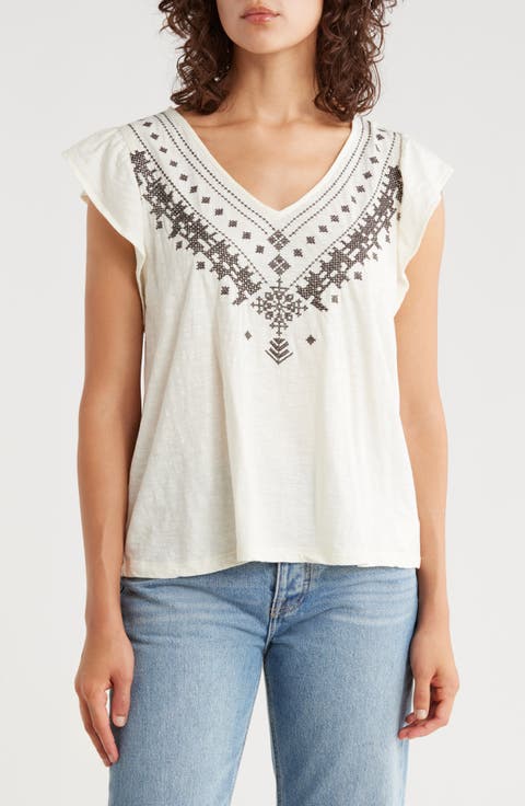 Embroidered Flutter Sleeve Cotton Top