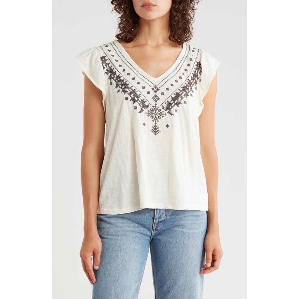 Lucky Brand Embroidered Flutter Sleeve Cotton Top In Multi