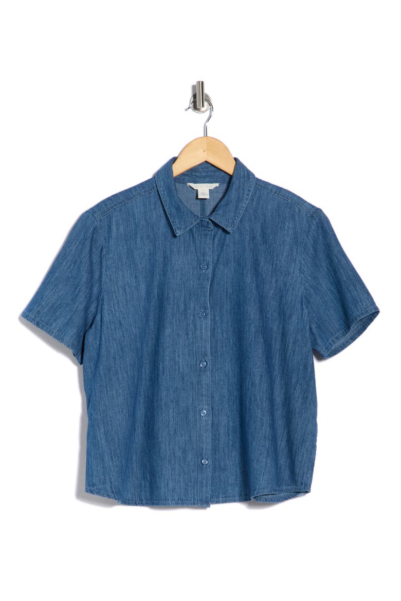 Short Sleeve Chambray Button Up Shirt, Main, color, MEDIUM WASH