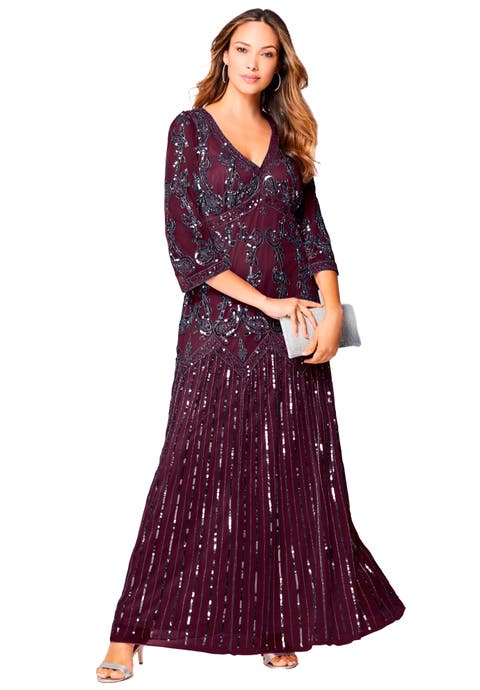 Plus Size Beaded V-Neck 3/4 Sleeve Sleeve Maxi Gown (Plus)