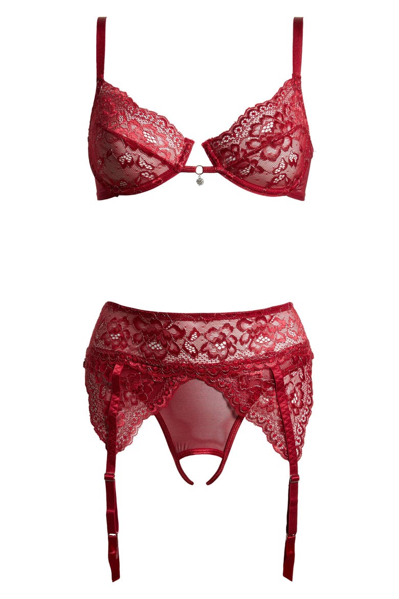 Lace Underwire Bra & Crotchless Garter Panty Set, Main, color, RED