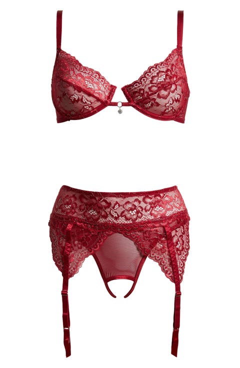 Lace Underwire Bra & Crotchless Garter Panty Set