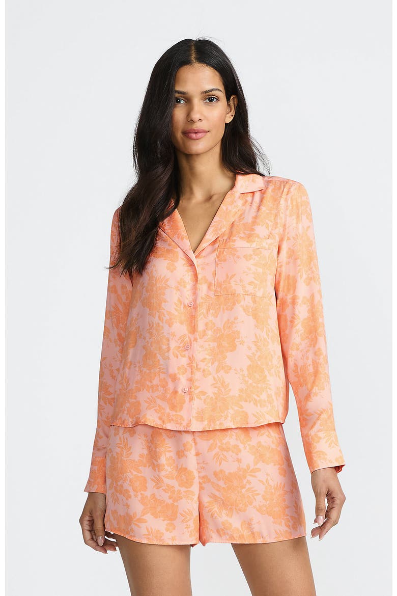 Plus Size Matte Satin 2 Piece Pajama Set - Long Sleeve Top and Shorts, Main, color, Orange Mist Romantic Floral