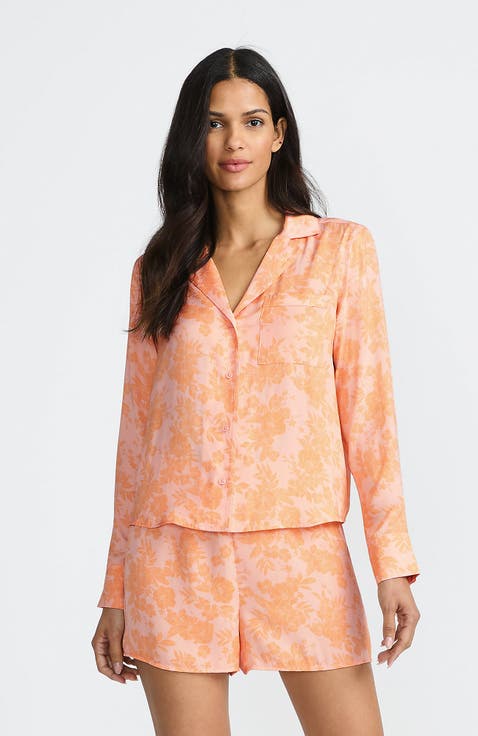 Plus Size Matte Satin 2 Piece Pajama Set - Long Sleeve Top and Shorts