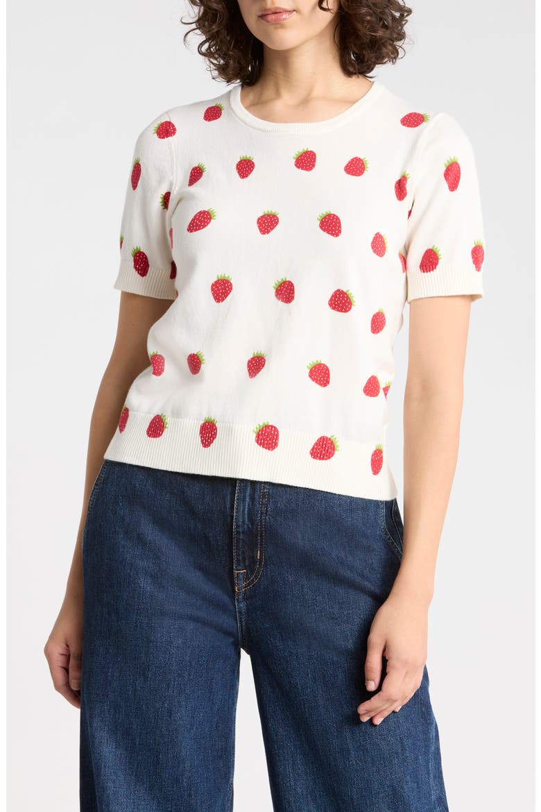 Strawberry Short Sleeve Cotton Sweater, Main, color, SPICED CORAL/ IVORY