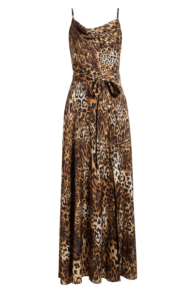 Leopard Print Aysmmetric Neck Satin Gown, Alternate, color, BROWN