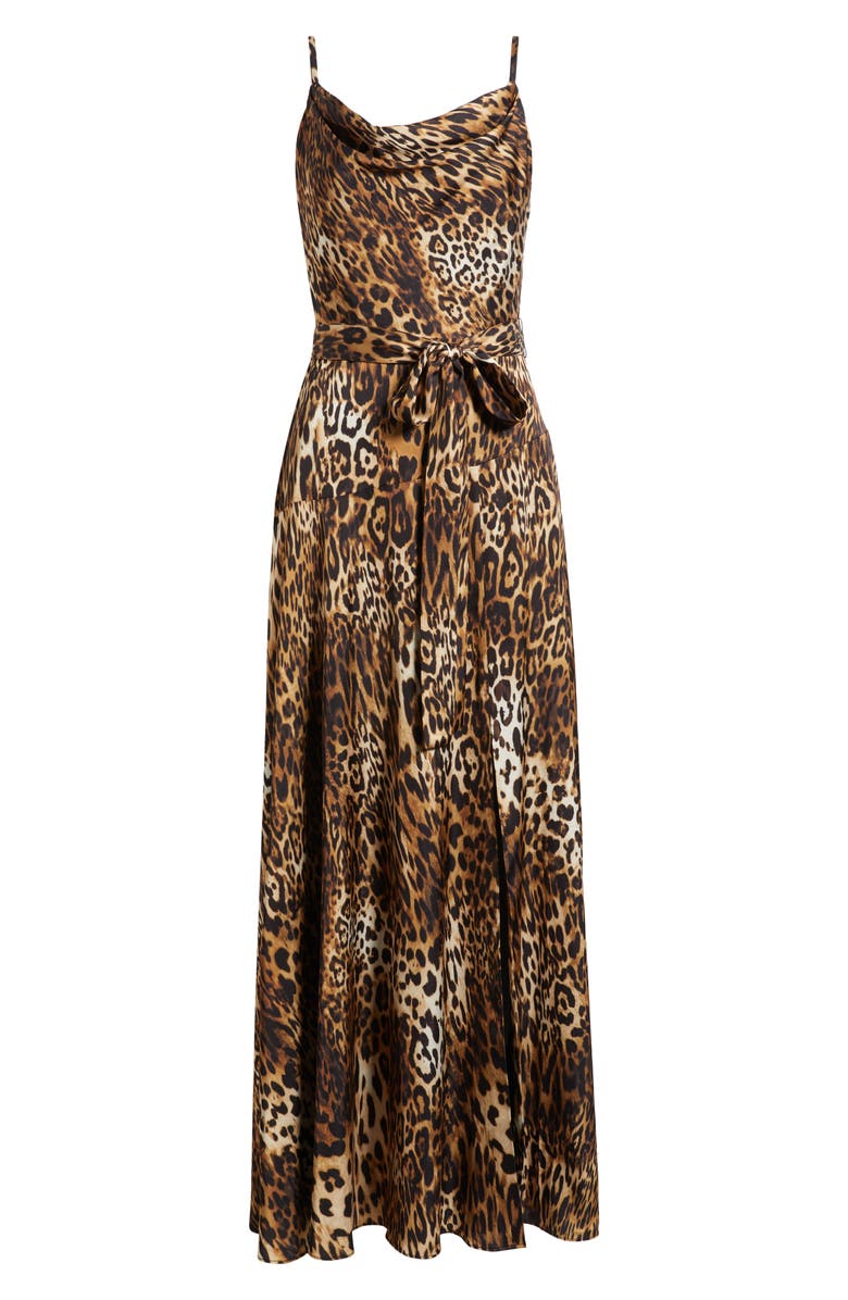 Vince Camuto Leopard Print Aysmmetric Neck Satin Gown, Alternate, color, Brown