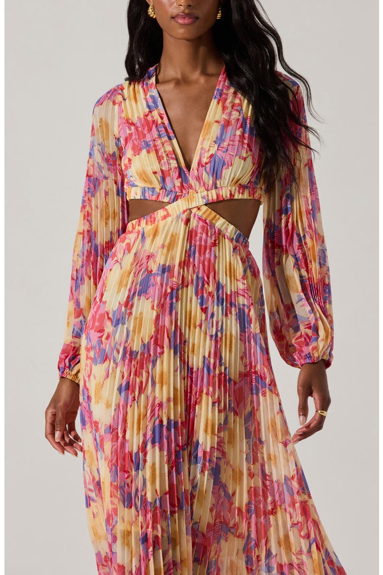 Revery Floral Pleated Cutout Long Sleeve Maxi Dress, Alternate, color, YELLOW PINK FLORAL