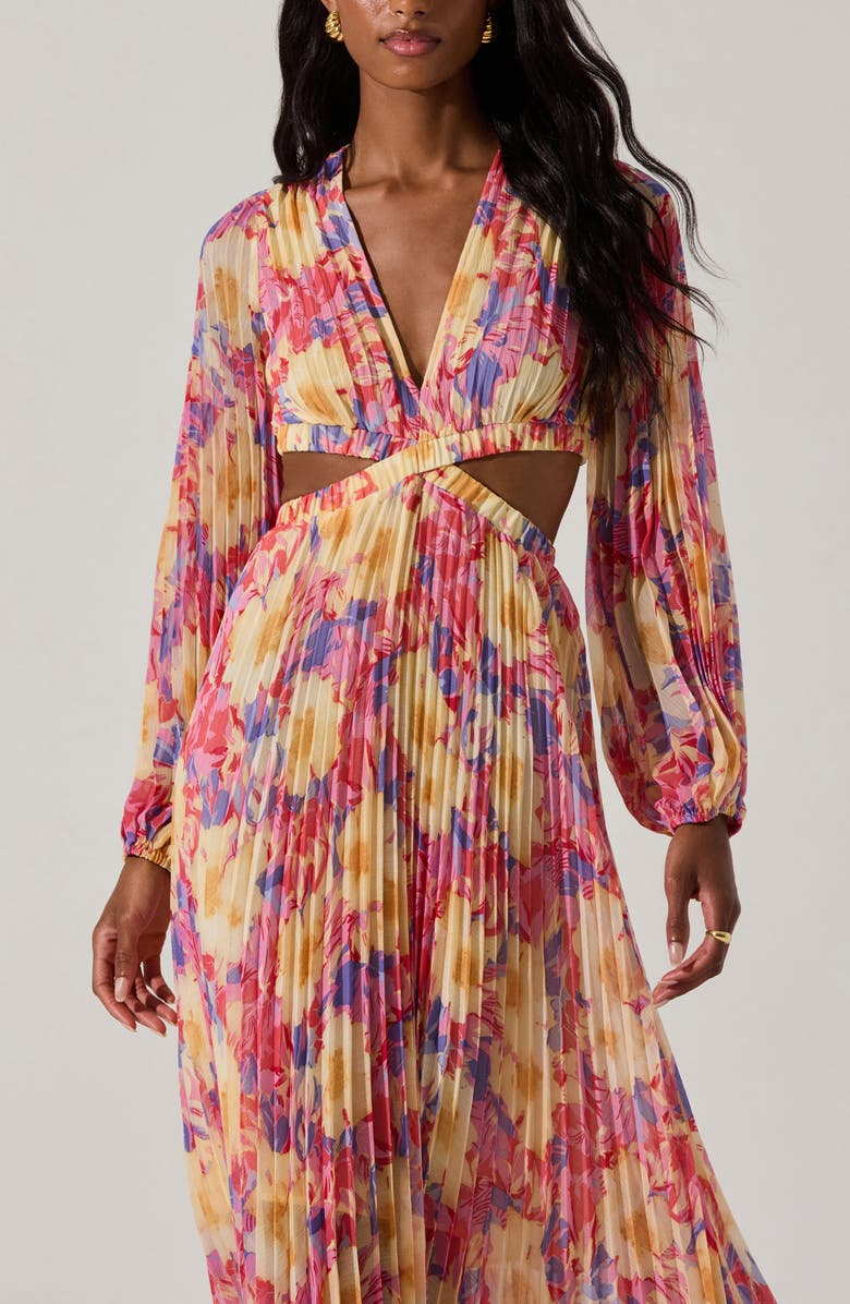 ASTR the Label Revery Floral Pleated Cutout Long Sleeve Maxi Dress, Alternate, color, Yellow Pink Floral