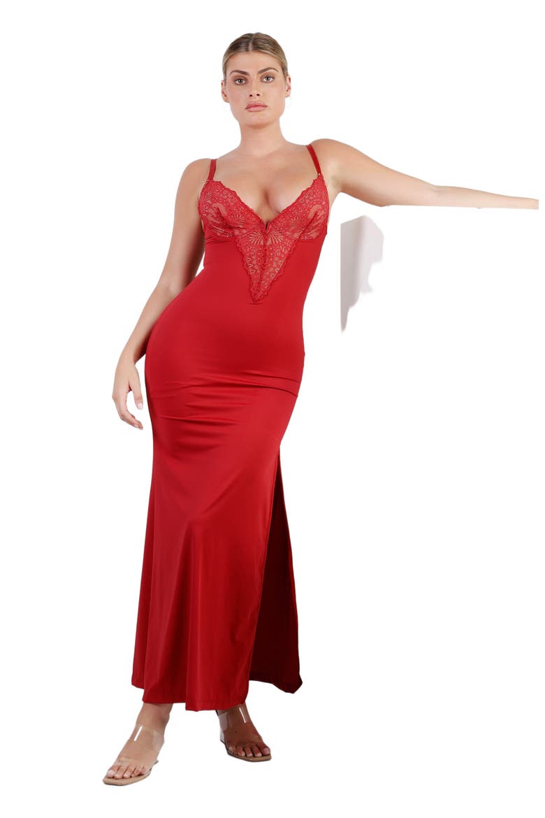 Shapewear Lace V Neck Side Slit Slimming Maxi Slip Dress, Alternate, color, Brick