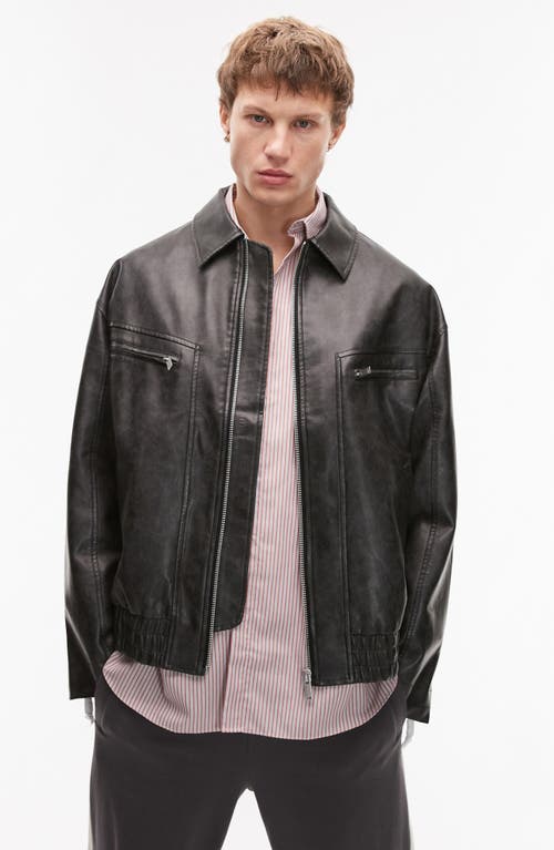 Topman Distressed Faux Leather Oversized Bomber Jacket In Black In Black