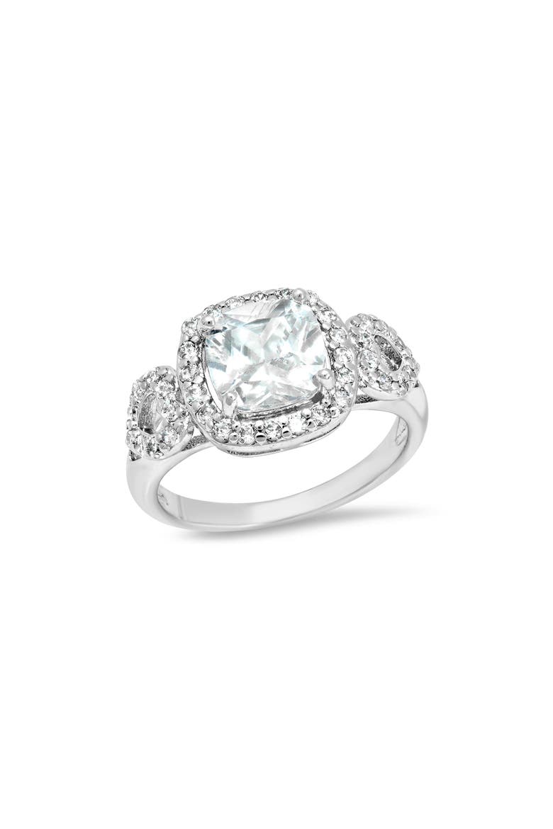 18k Gold Plated Simulated Sapphire & Cubic Zirconia Halo Ring, Main, color, SILVER/ WHITE