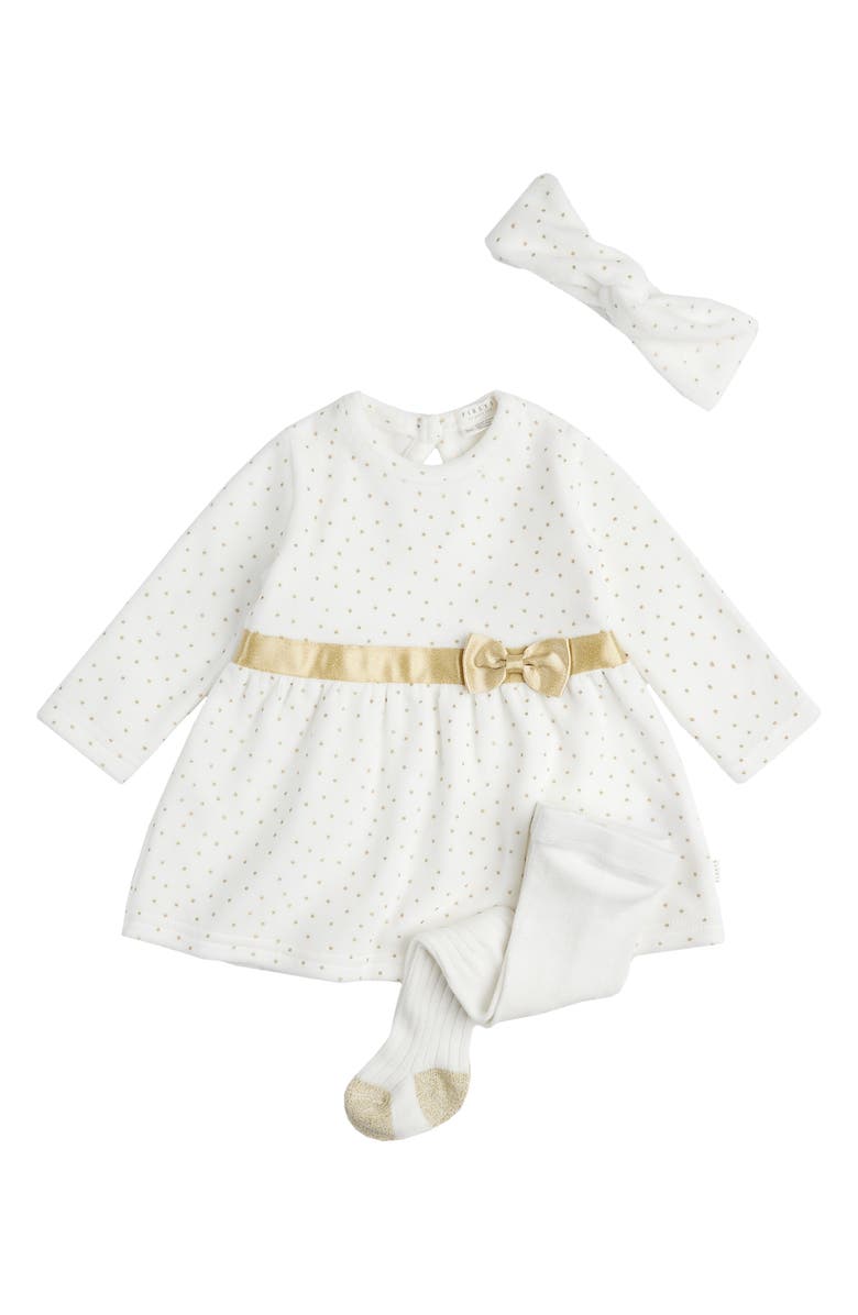 FIRSTS by Petit Lem Gold Dot Long Sleeve Dress, Tights & Headband Set, Main, color,