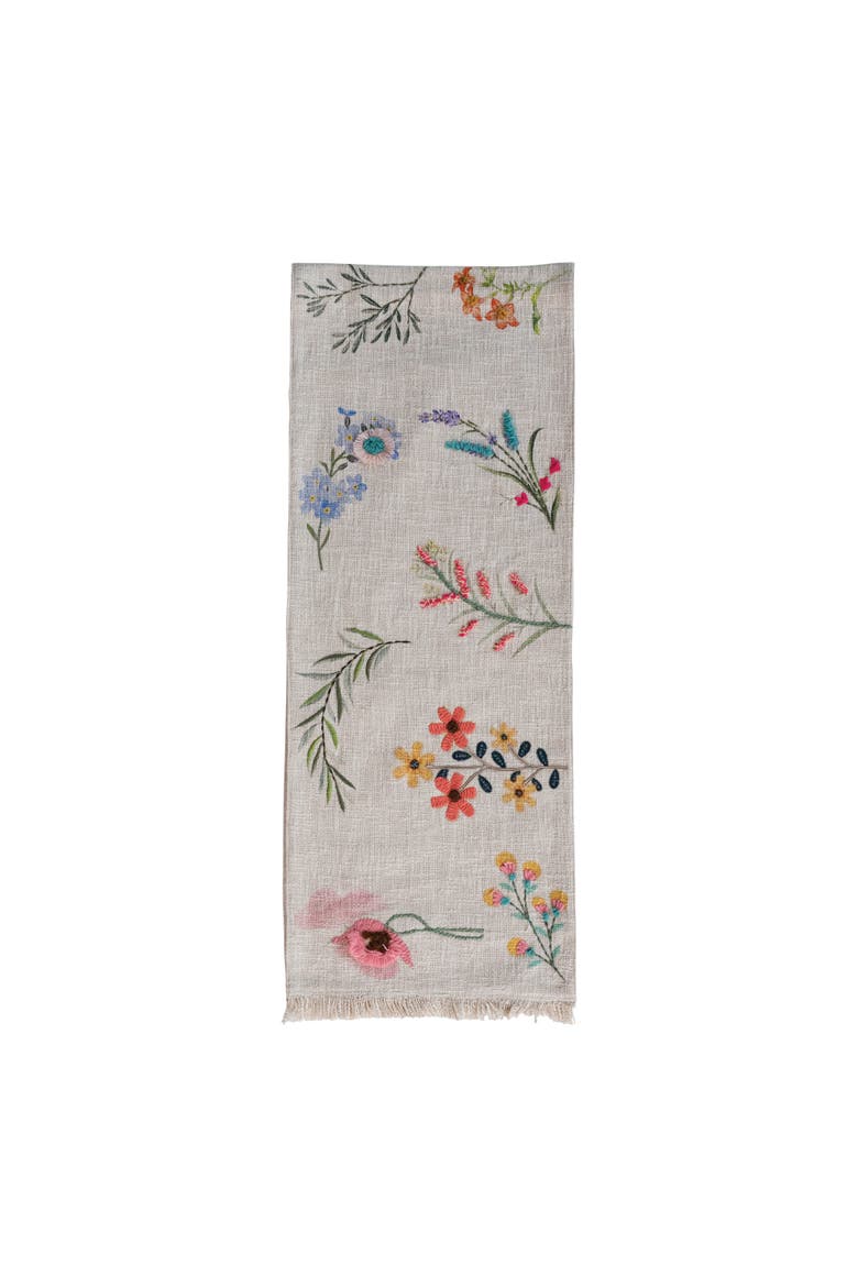 Long Slub Printed Rectangle Table Runner with Flowers, Embroidery and Fringe, Multicolor, Main, color, White