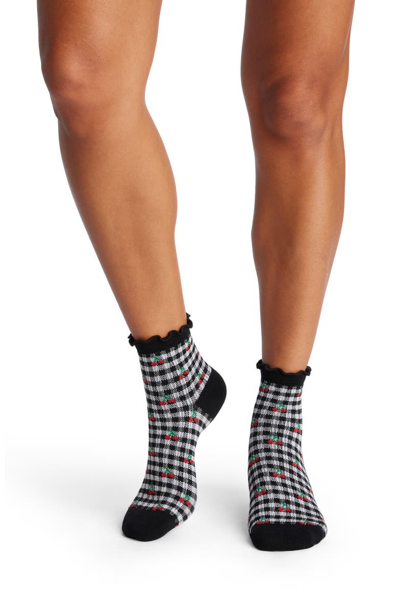 Gingham Cherries Frill Quarter Socks, Alternate, color, CHERRY GINGHAM