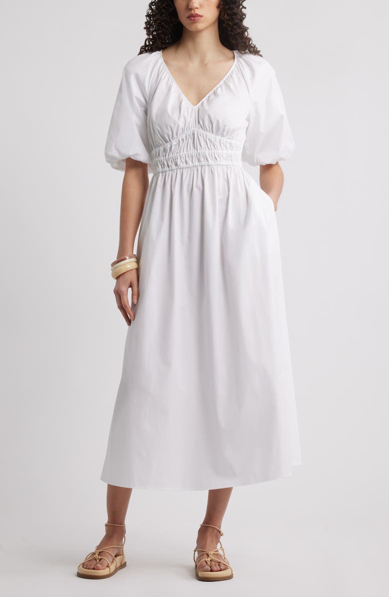 Nordstrom Puff Sleeve Cotton Poplin Dress, Main, color, White