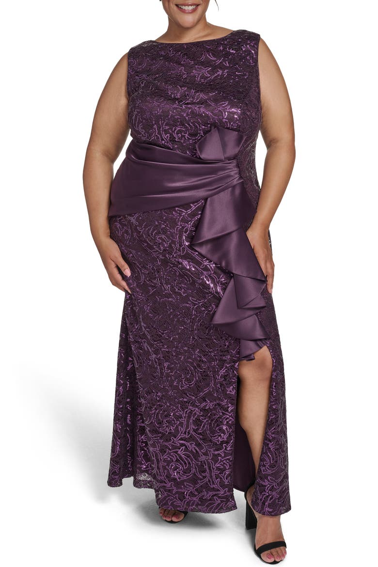 Sleeveless Sequin Ruffle Gown, Main, color, PLUM