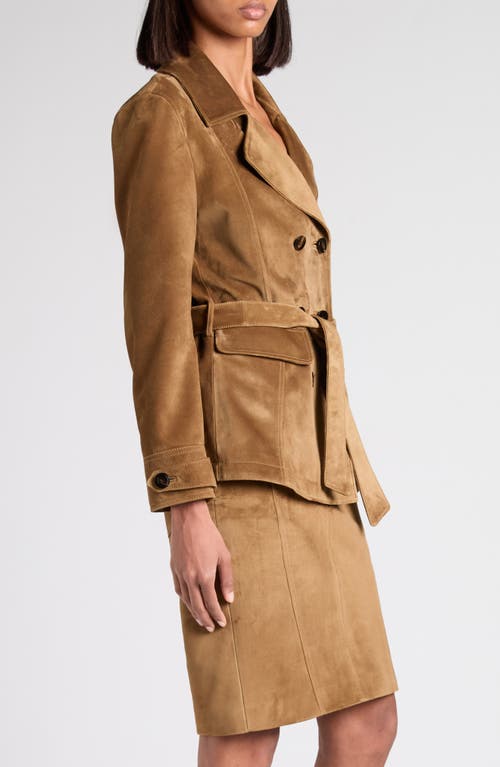 Tom Ford Double Breasted Belted Suede Jacket In Brown