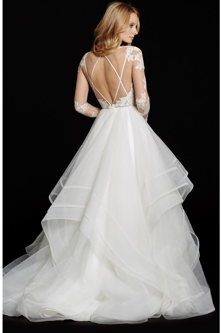 Elysia Long Sleeve Lace & Tulle Ballgown, Alternate, color, IVORY