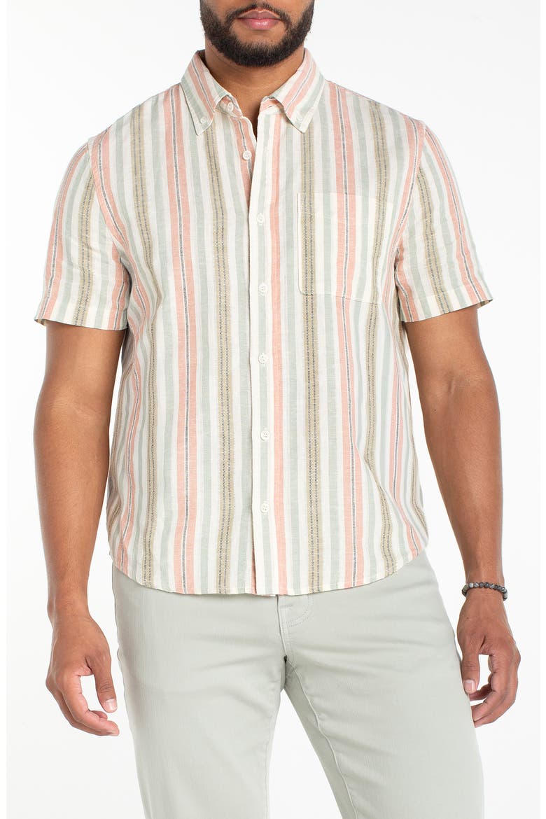 Stripe Short Sleeve Slub Linen & Cotton Button-Down Shirt, Main, color, CLAY/ SAGE