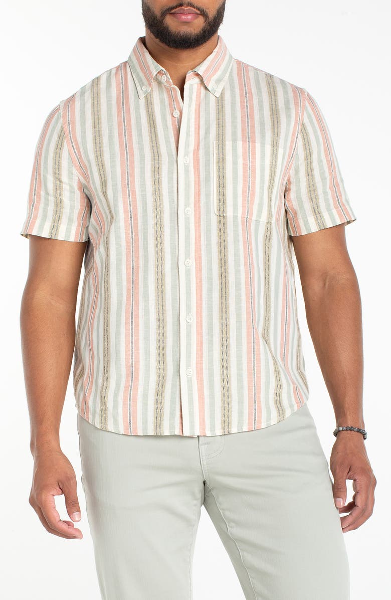 Liverpool Los Angeles Stripe Short Sleeve Slub Linen & Cotton Button-Down Shirt, Main, color, Clay/ Sage