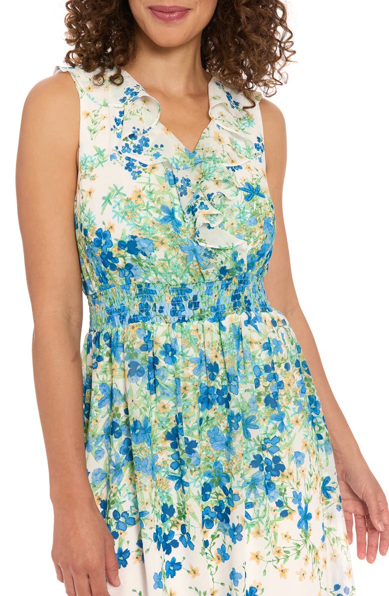 London Times Floral Sleeveless Empire Waist Chiffon Midi Dress, Alternate, color, White/ Blue