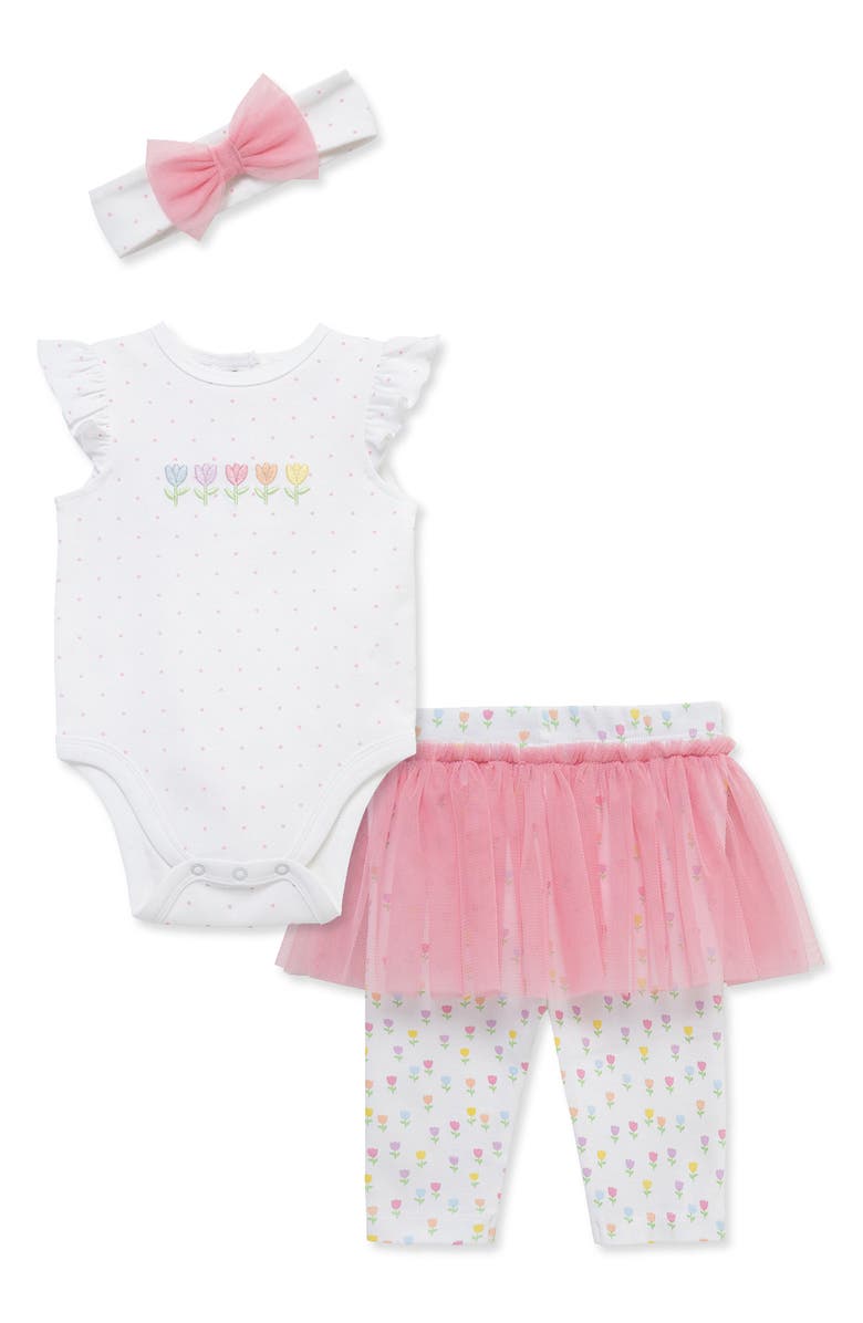 Little Me Tulips Bodysuit, Skegging & Headband Set, Main, color, White Print