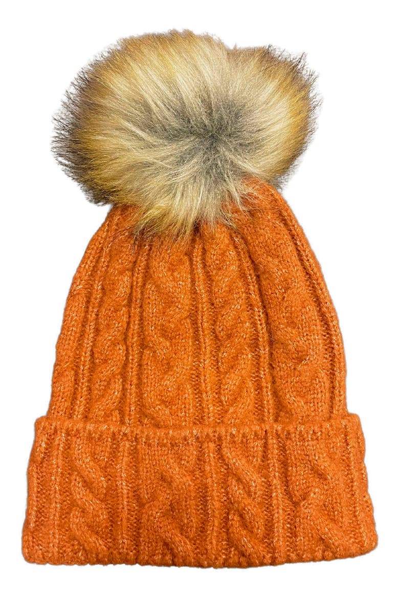 Faux Fur Pom Cable Knit Beanie, Main, color, RUST