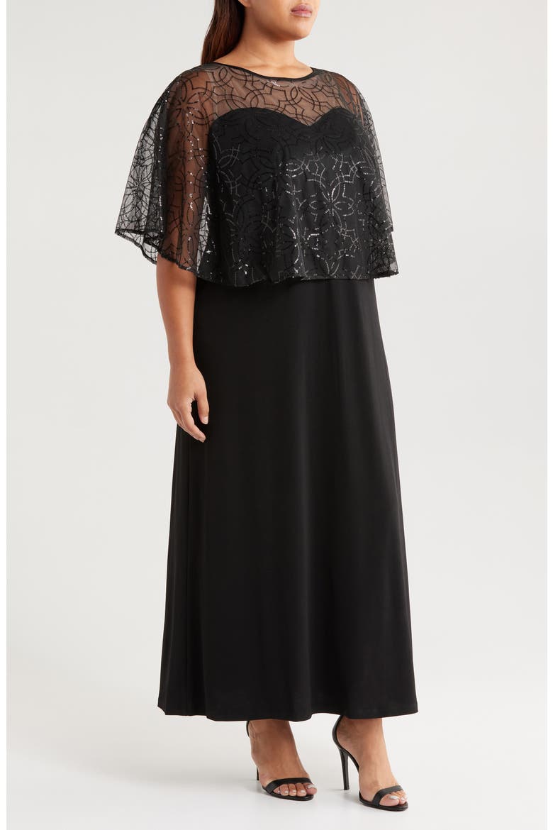 Sequin Cape Gown, Alternate, color, BLACK