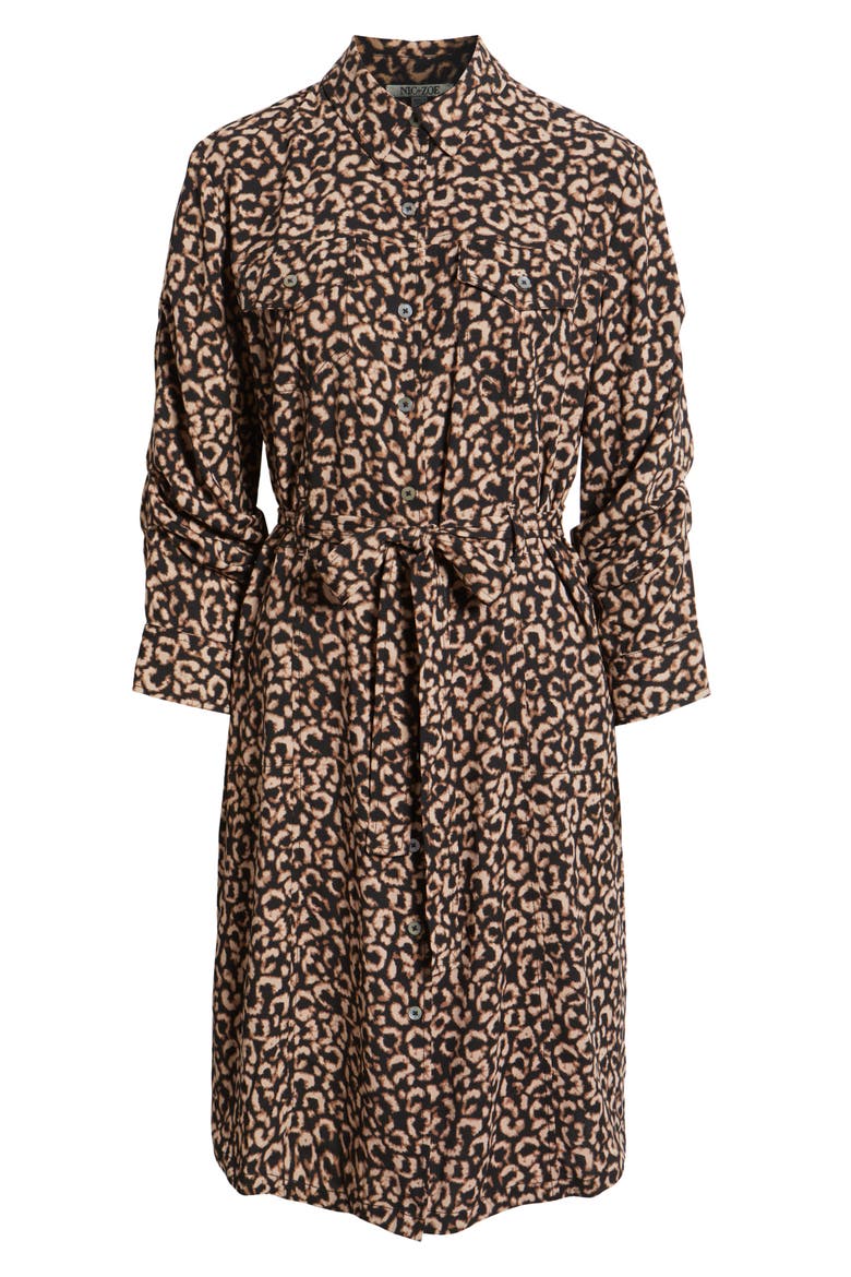 Abstract Animal Print Ruched Sleeve Trench Shirtdress, Alternate, color, BROWN MULTI