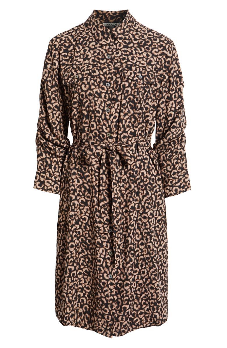 NIC+ZOE Abstract Animal Print Ruched Sleeve Trench Shirtdress, Alternate, color, Brown Multi