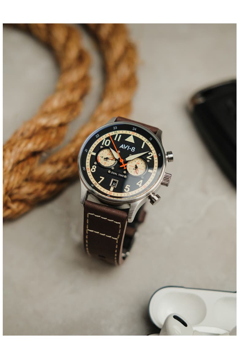 Hawker Hurricane Carey Chronograph Leather Strap Watch, 44mm, Alternate, color, BLACK
