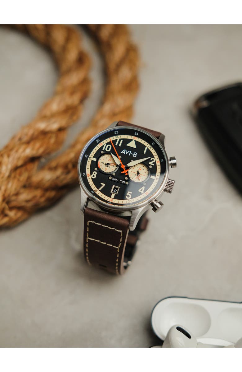 AVI-8 Hawker Hurricane Carey Chronograph Leather Strap Watch, 44mm, Alternate, color, Black
