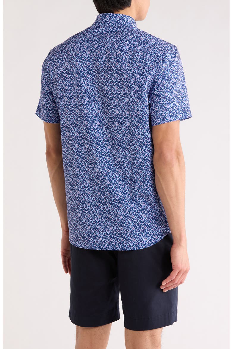 Slim Fit Floral Leaf Print Short Sleeve Button-Down Shirt, Alternate, color, NAVY/ PURPLE