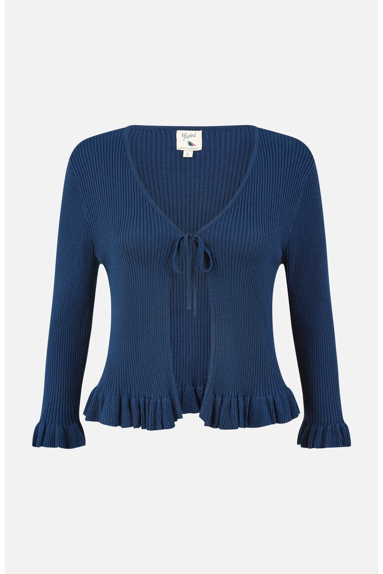 Tie Up Ribbed Frill Hem Cardigan, Alternate, color, Navy