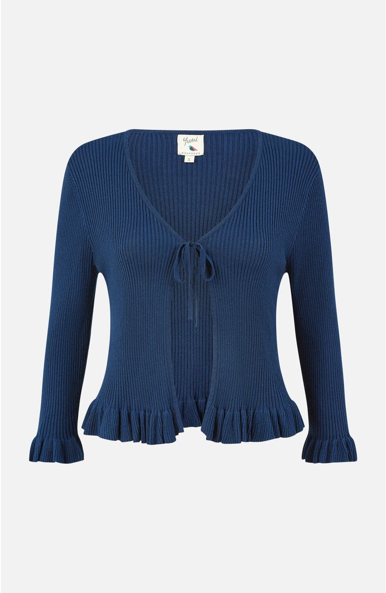 Yumi Tie Up Ribbed Frill Hem Cardigan, Alternate, color, Navy