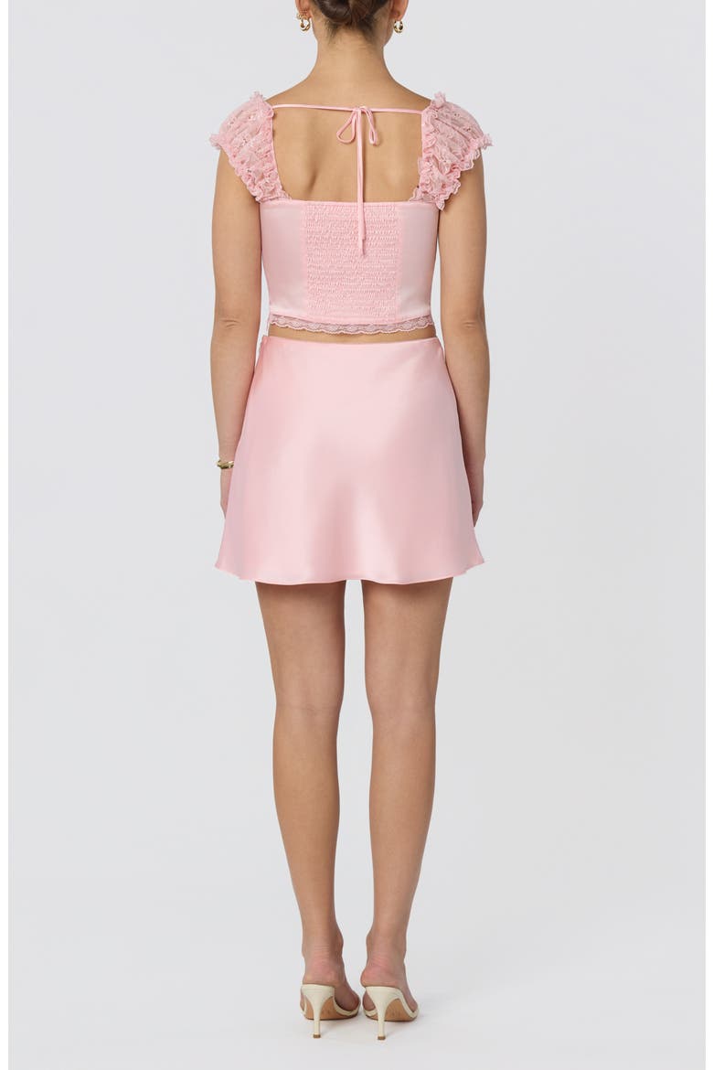 Elliana Lace Trim Satin Button-Up Crop Top, Alternate, color, PINK