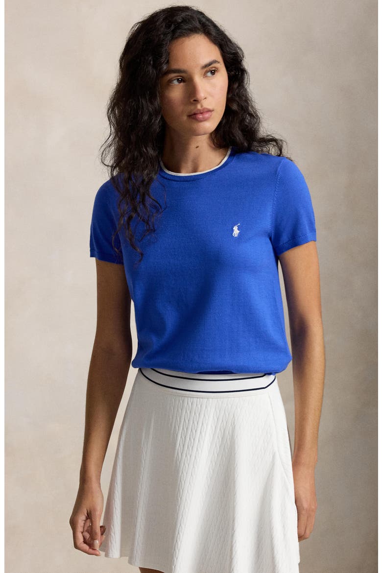 Cotton Blend Short Sleeve Sweater, Alternate, color, BLUE