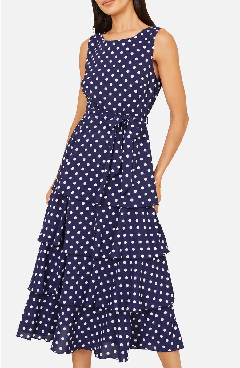 Yumi Spot Tiered Midi Dress, Alternate, color, Navy
