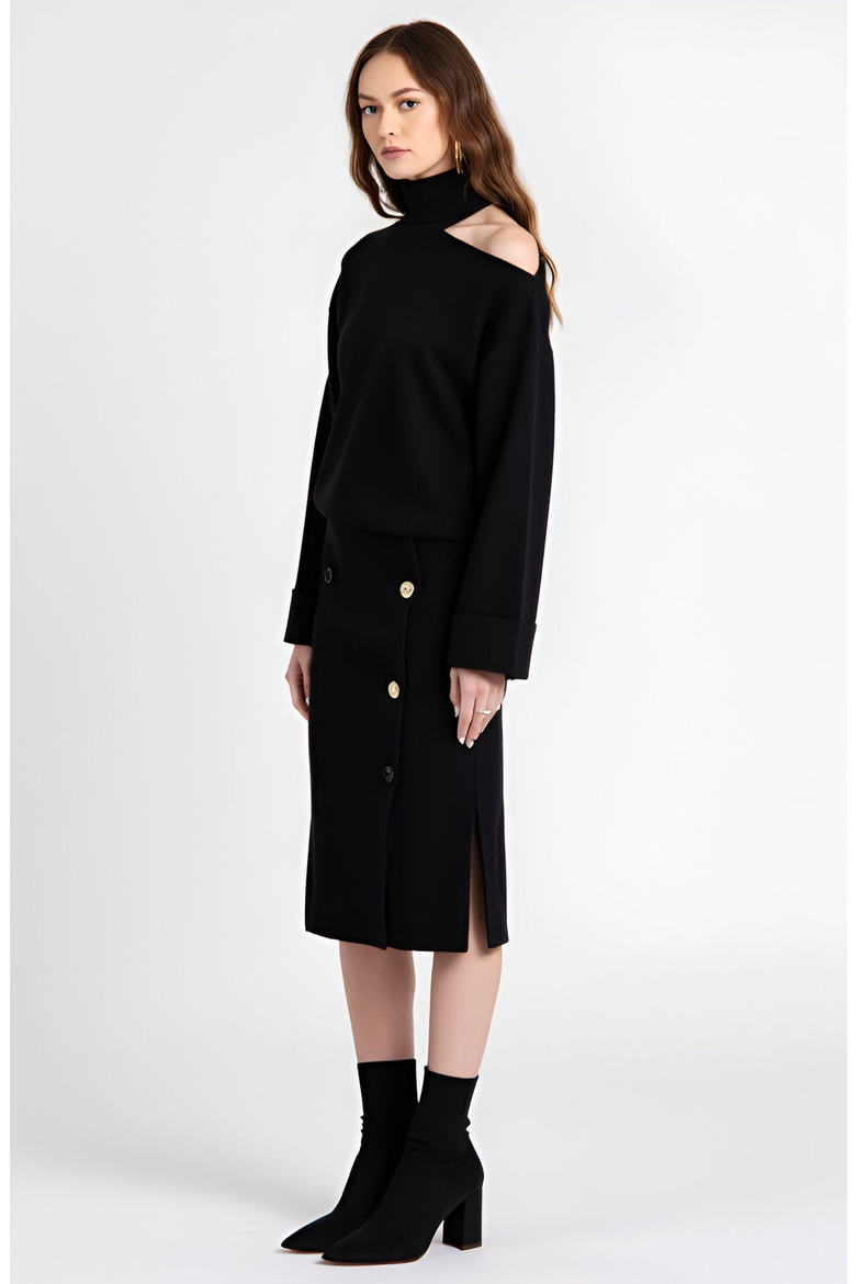 Asymmetric Turtleneck Pullover and Button-Front Slit Skirt Set, Alternate, color, Black